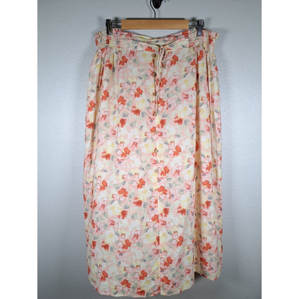 AB Studio Floral Button Front Midi Skirt Orange Yellow Rayon Linen Plus Size 2X